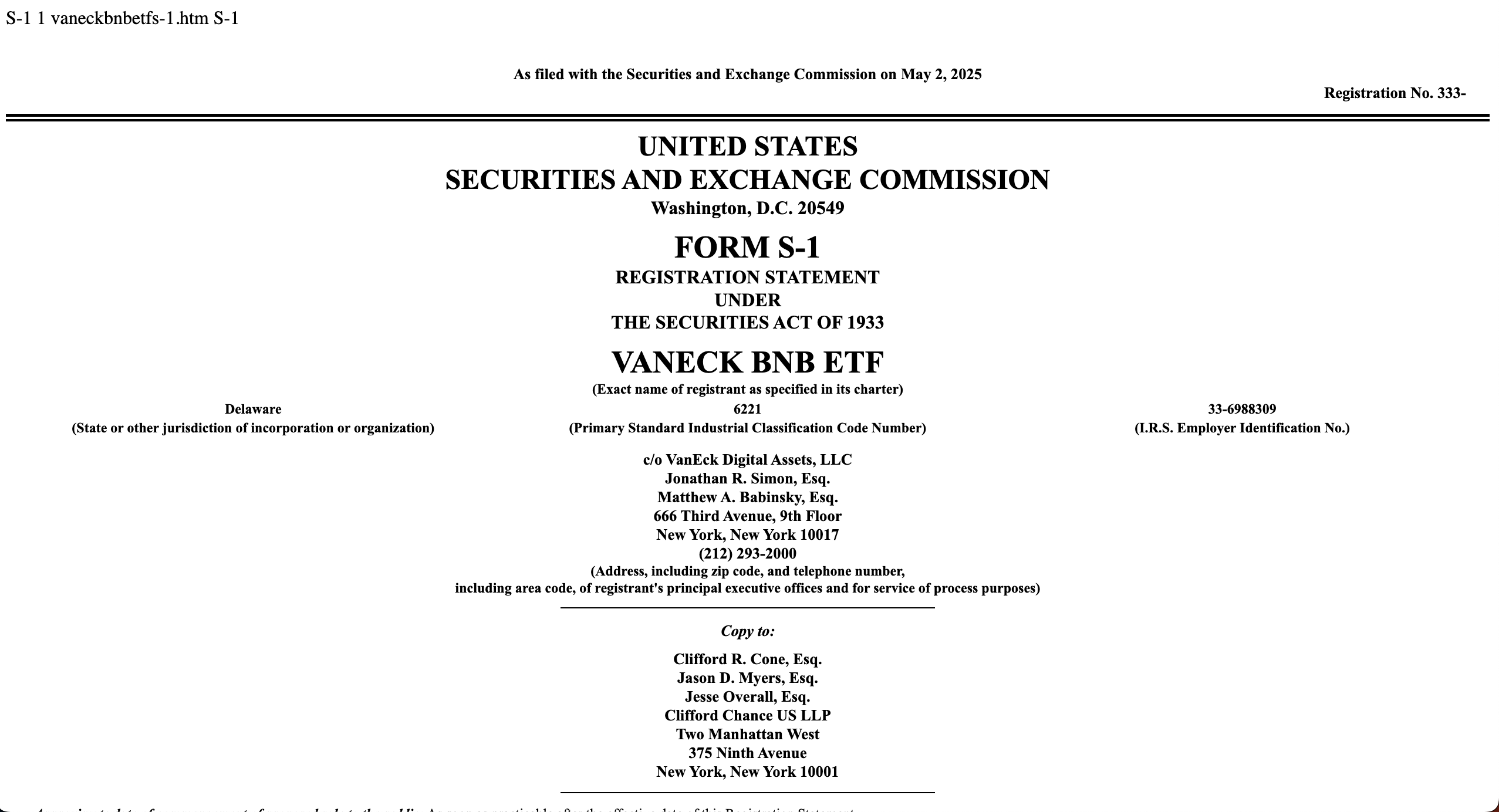 VanEck Binance Coin (BNB) Filing Prospectus | Source: SEC.gov